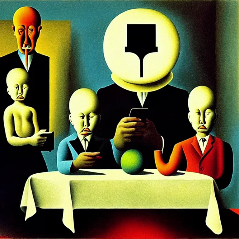 Image similar to a nuclear family staring at their smartphones during dinner, by salvador dali and rene magritte, soft colors, cool lighting, dark, surreal