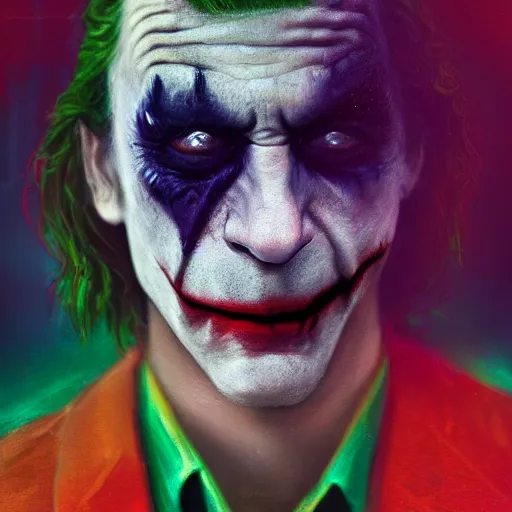 Image similar to cinematic portrait of steve burns as the joker, perfect face, neon rain, moody, elegant, by alyssa monks, highly detailed, symmetrical face, fine details, masterpiece, trending on artstation