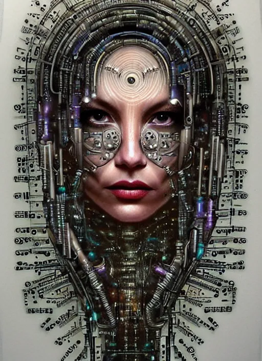 Image similar to biopunk cyborg portrait by julie bell, intricate integrated circuit patterns, detailed!, very sharp!!!