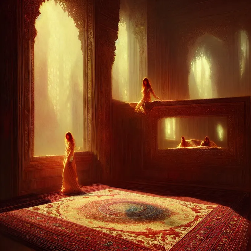 Image similar to magic fluffy Persian carpet & mirror dimension, by Greg Rutkowski and Gaston Bussiere, dim lighting, beautiful volumetric-lighting-style atmosphere, surreal atmosphere, intricate, detailed, photorealistic imagery, artstation