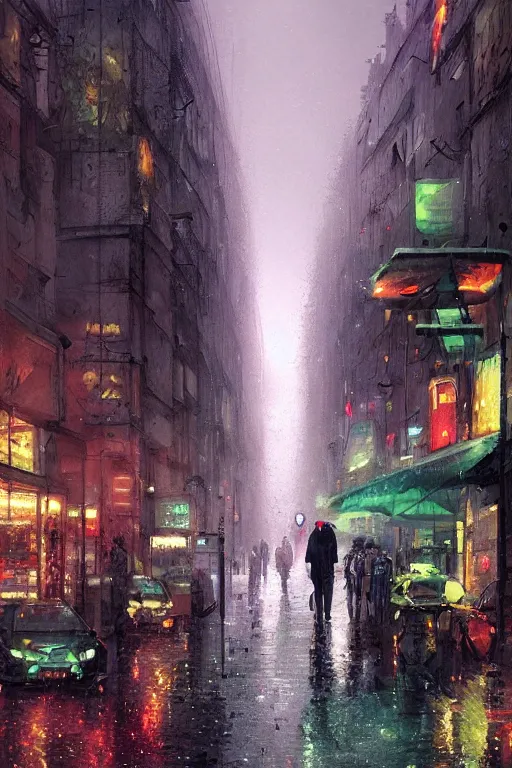 Prompt: beautiful digital illustration Paris city in the rain cyberpunk by Marc Simonetti