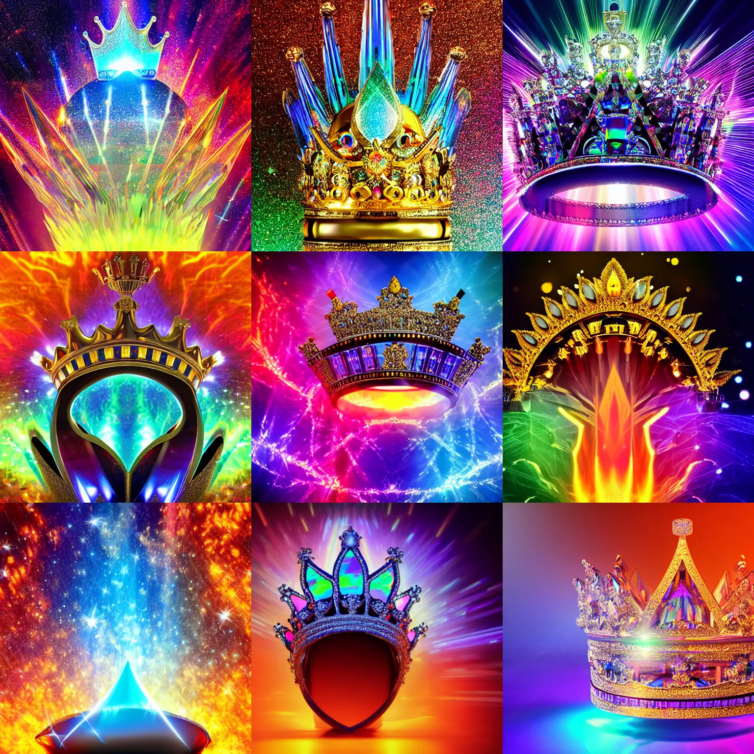 Prompt: Crown of the technological gods containing iridescent crystals, fire glowing background, photographic award winning beautiful render