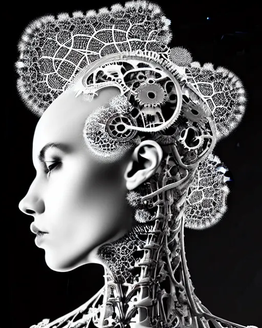 Image similar to surreal black and white photo portrait of complex biomechanical young female cyborg with a mandelbrot fractal metal fine lace face, silver hair, 150 mm lens, soft rim light, fine metal floral foliage super big lace collar, Alexander McQueen, high fashion, haute couture, rococo, steampunk, silver filigree details, anatomical, facial muscles, cable wires, microchip, elegant, hyper realistic, octane render, unreal engine, by Man Ray and Dora Maar, volumetric lighting, 8k,