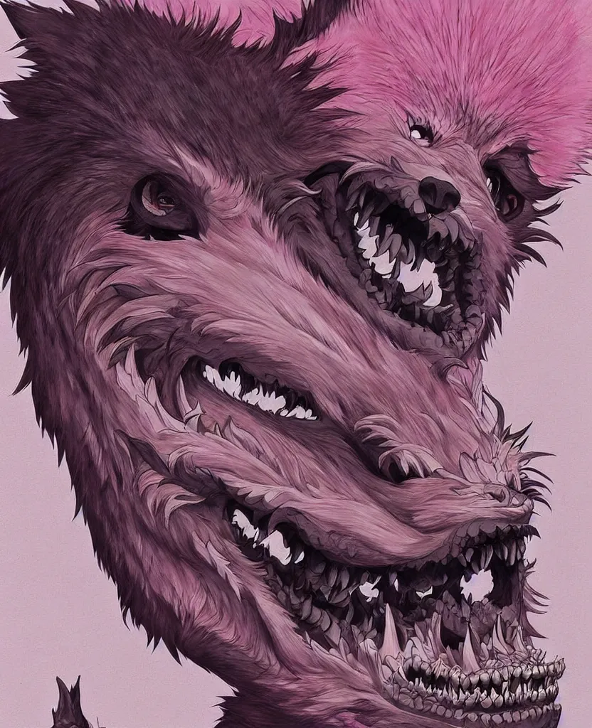 Prompt: beautiful painting from the anime film by studio ghibli, pink anthropomorphic werewolf human hybrid, drooling teeth bared, fur, trending on artstation, by raqib shaw and MC Escher