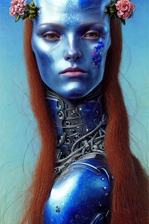 Image similar to portrait of beautiful young mainem, warhammer, russian style, cyber armor with scars, a lot of more scars, more and more flowers, blue head, the middle ages, highly detailed, artstation, illustration, art by jean delville, 8 k quality