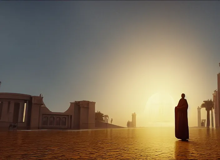 Image similar to jeddah city epic golden hour, magical time gate to another dimension, a man wearing a white robe standing watching over, dramatic lighting, dawn, by caspar david friedrich, unreal engine 5