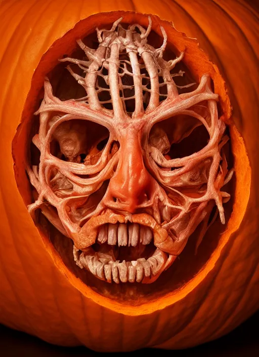 Image similar to portrait of a pumpkin with translucent skin, visible muscles and veins and arteries and bones and spines and nerves, beautiful detailed intricate insanely detailed octane render, 8 k artistic photography, photorealistic, chiaroscuro, by david cronenberg, raphael, caravaggio