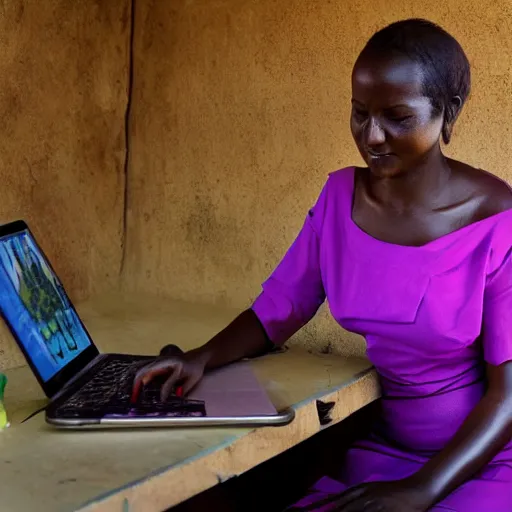 Prompt: A Kenyan businesswoman playing an RPG on her computer, over the shoulder view, iPhone photo