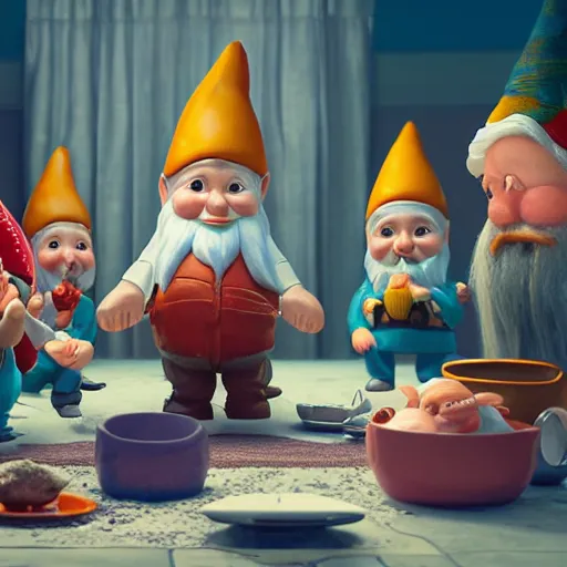 Image similar to a scandal in a gnome family, everyone breaks piles of dishes, hyperrealistic cinematic scene, expressive colors, octane render 8k