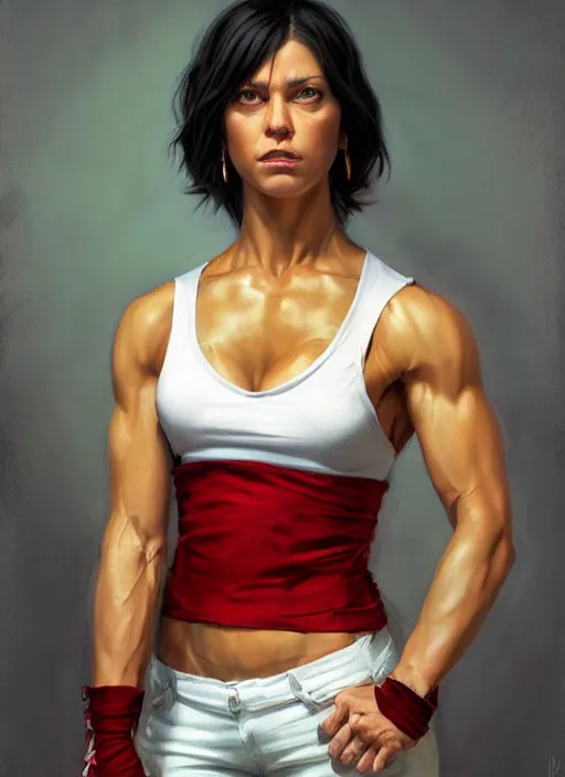 Image similar to a portrait a woman in her 2 0 s, muscular, wearing red tanktop vest with gold lining, white bandages on fists, black hair, short - medium length hair, serious, style by donato giancola, wayne reynolds, jeff easley dramatic light, high detail, cinematic lighting, artstation, dungeons and dragons