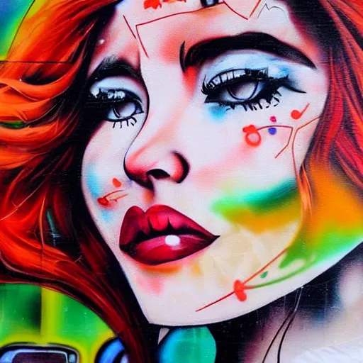 Prompt: beautiful redhead woman, graffiti art, closeup