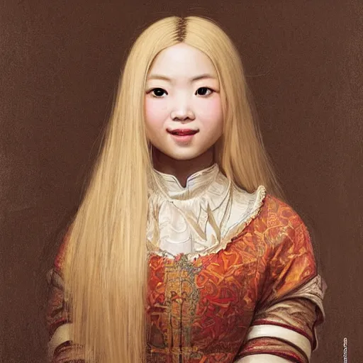 Prompt: a totally amazed smiling pretty asian girl with blonde hair, fully covering intricate detailed outfit, long loose blonde hair, precise linework, accurate brown eyes, small nose, beautiful smooth oval head, expressive emotions, hyper realistic ultrafine portrait by artemisia gentileschi, jessica rossier, greg rutkowski, artgerm