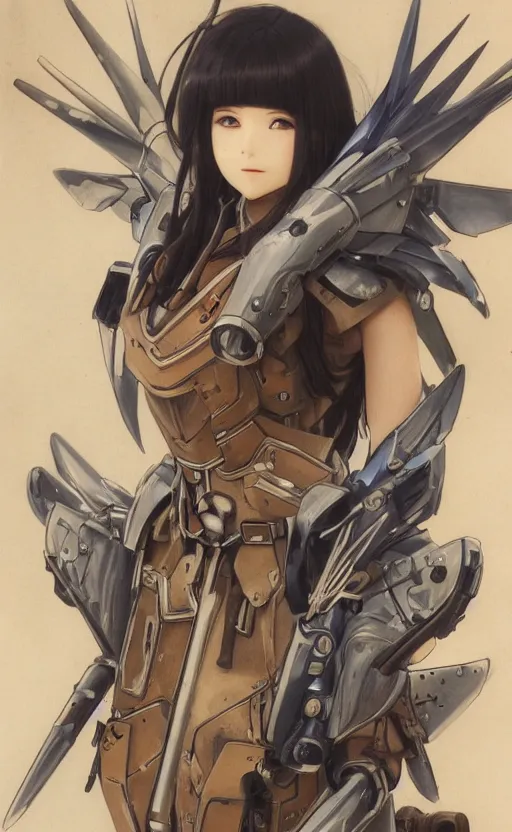 Prompt: mechanized valkyrie, anime style, konami character design, vintage clothing, spread wings, long hair, hair down, symmetrical facial features, from arknights, hyper realistic, 4 k, rule of thirds, extreme detail, detailed drawing, safebooru, hd, d & d, realistic lighting, by alphonse mucha, greg rutkowski