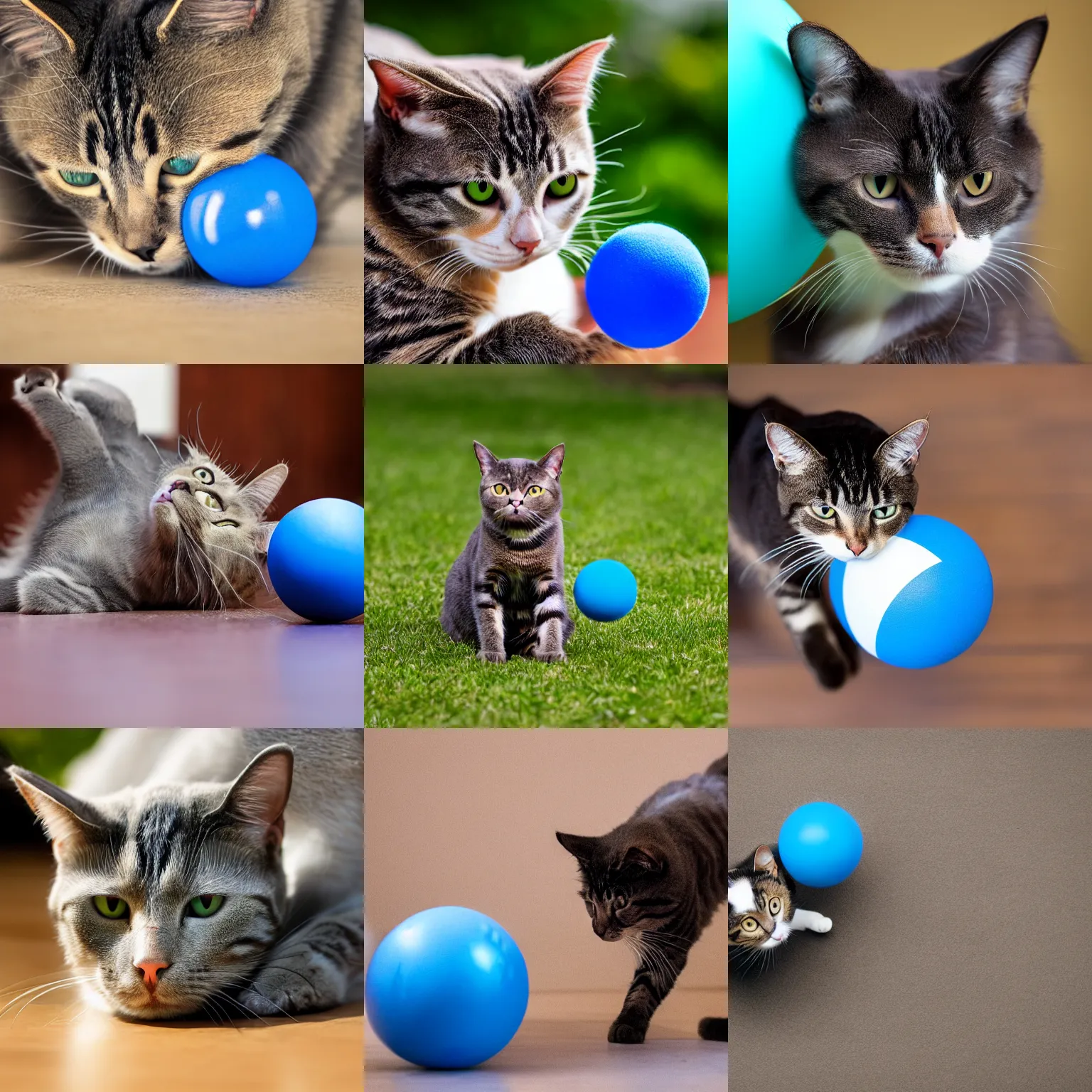 Image similar to a cat playing with a blue ball, XF IQ4, 150MP, 50mm, f/1.4, ISO 200, 1/160s, natural light, Adobe Photoshop, Adobe Lightroom, DxO Photolab, Corel PaintShop Pro, rule of thirds, symmetrical balance, depth layering, polarizing filter, Sense of Depth, AI enhanced