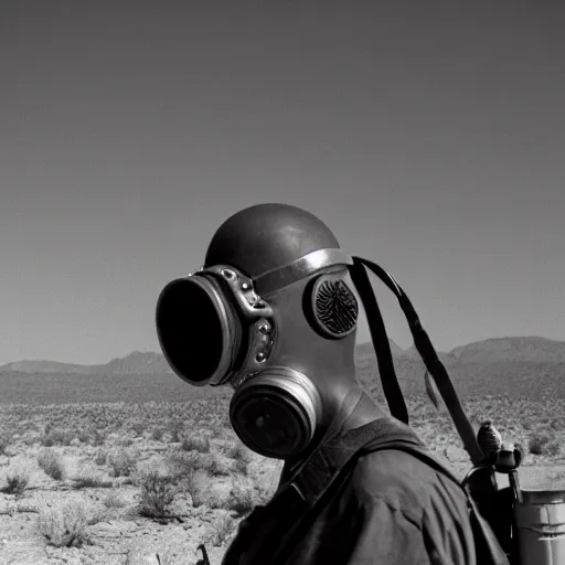 Prompt: a man wearing a gasmask, heavily equipped, in the desert, film still, arriflex 35