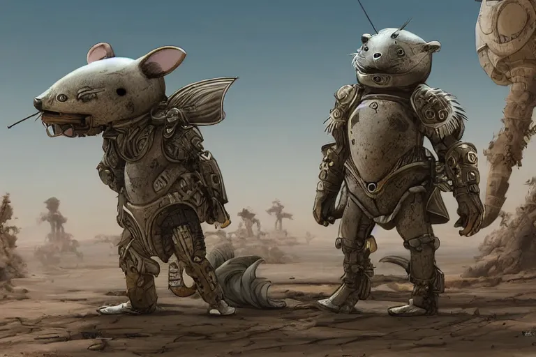 Image similar to anthropomorphic rodent with white and black ancestral ornate japanese tactical gear on an abandonment desert planet, high intricate details, long shot, rule of thirds, golden ratio, graphic novel by fiona staples and dustin nguyen, by beaststars and orange, peter elson, alan bean, studio ghibli, makoto shinkai