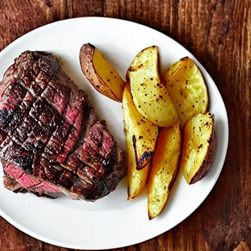 Prompt: a delicious perfectly cooked mouth-watering steak with a steaming-hot baked-potato