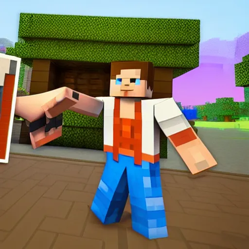 Image similar to blocky minecraft steve in fortnite lobby