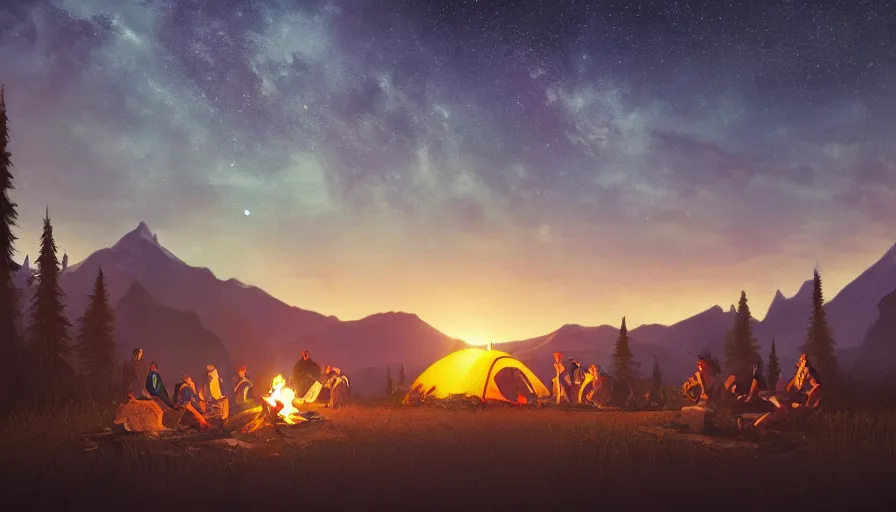 Prompt: survivor camp with campfire at night, guitar, tents, hill, mountains, forest, stars in the sky, hyperdetailed, artstation, cgsociety, 8 k