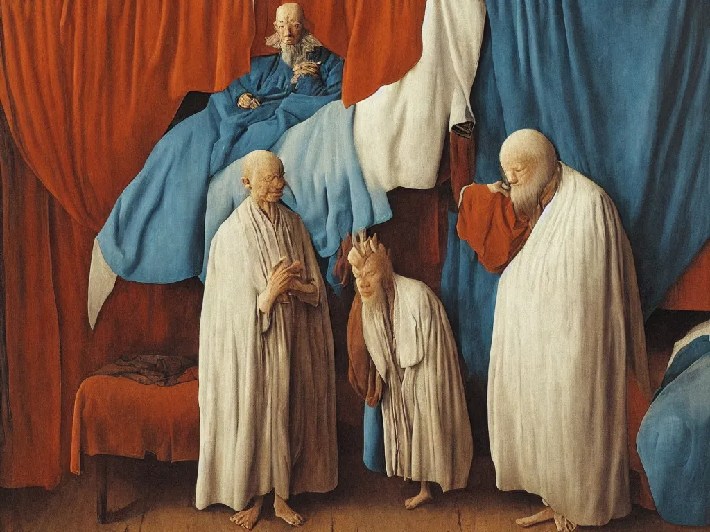 Image similar to Portrait of albino mystic with blue eyes, standing near the bed of a very old man with leprosy. Painting by Jan van Eyck, Audubon, Rene Magritte, Agnes Pelton, Max Ernst, Walton Ford