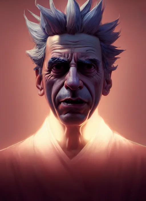 Image similar to rick sanchez by greg rutkowski, symmetry, concept art by artgerm, distance portrait of a hyper realistic, intense, epic, alphonse mucha, octane render, highly detailed, high quality, 8 k, soft lighting, path traced, and uang guangjian and gil elvgren, symmetry!!
