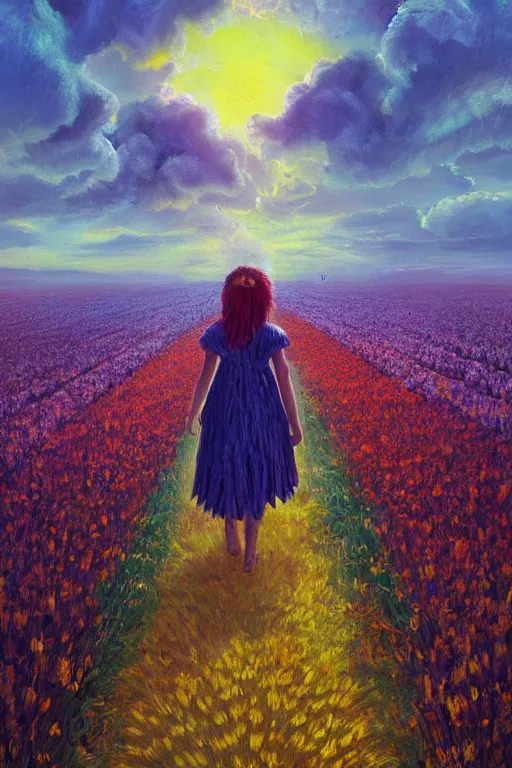 Image similar to giant corn flower head, girl walking in a flower field, surreal photography, sunrise, dramatic light, impressionist painting, colorful clouds, digital painting, artstation, simon stalenhag