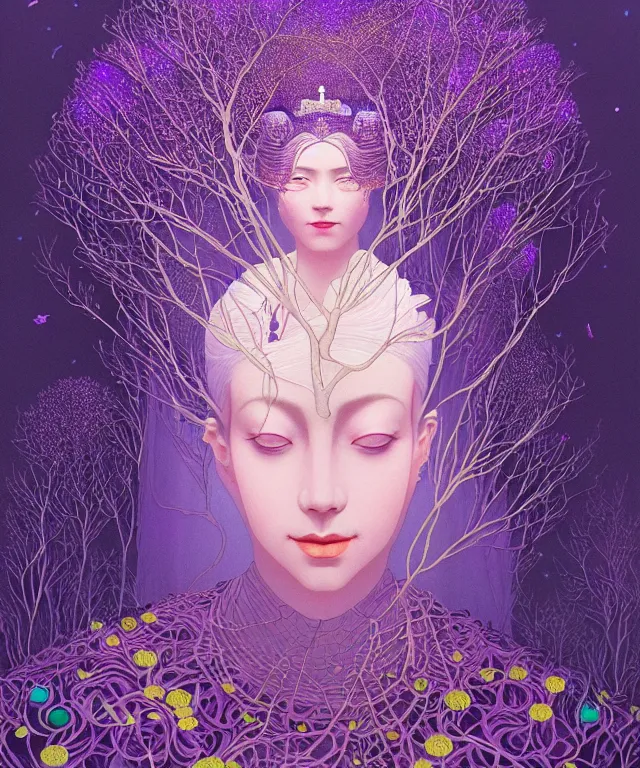 Image similar to ultra detailed, magical realism, portrait painting, of the beautiful empress within the enchanted purple forest, glowing purple, volumetric lighting, depth of field, illusion, intricate details, by victo ngai
