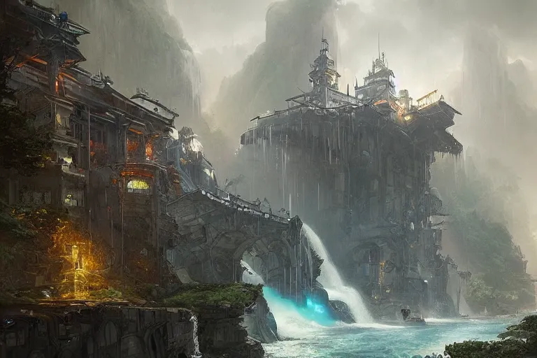 Prompt: a mechanical citadel being overtaken by waterfalls, flowing water, river rapids, by greg rutkowski