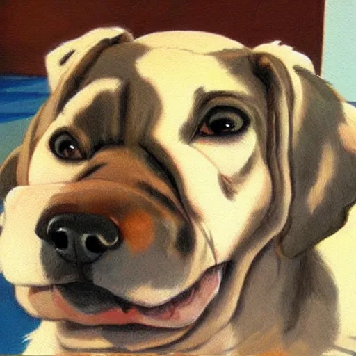 Image similar to painting of cute dog, full size, in style of studio ghibli, photorealistic