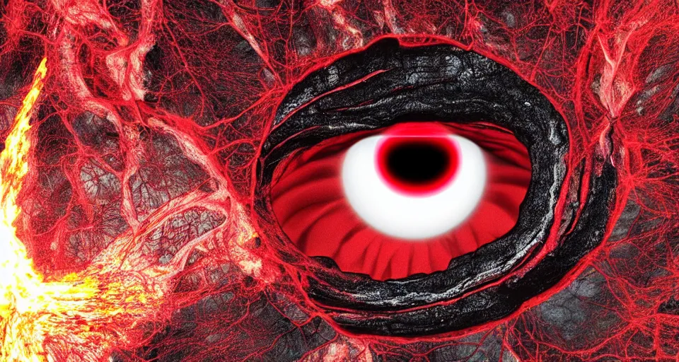 Image similar to a volcano made of ivory vines and crimson rocks enters in eruption, it spits a smoke in the shape of demonic eye, with 3D render