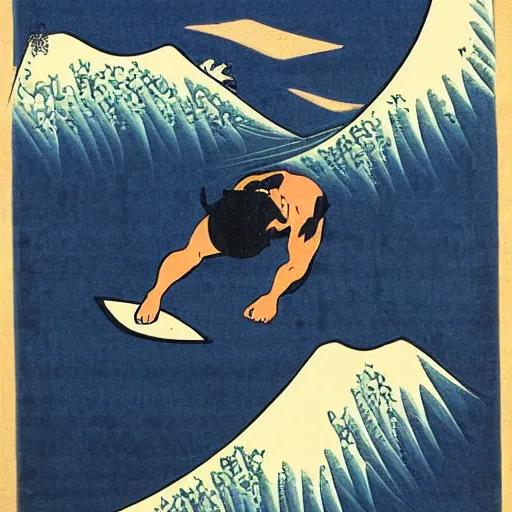 Prompt: man surfing, woodblock print, style of hokusai, fine art, style of kanagawa, painting