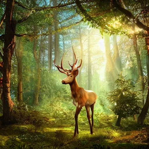 Image similar to hyper realistic beautiful fantasy elven celestial stag, in a magical and beautiful highly detailed forest background. sunlight rays throught the trees. concept digital art 8 k rendering.