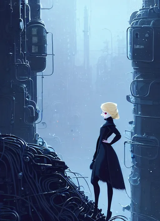 Image similar to highly detailed portrait of a hopeful frostpunk long blonde hair lady with curvy short black dress, stray wiring by atey ghailan, james gilleard, by joe fenton, by greg rutkowski, by greg tocchini, by kaethe butcher, 4 k resolution, gradient blue, black and white color scheme!!! ( ( frozen robotic dystopian city background ) )