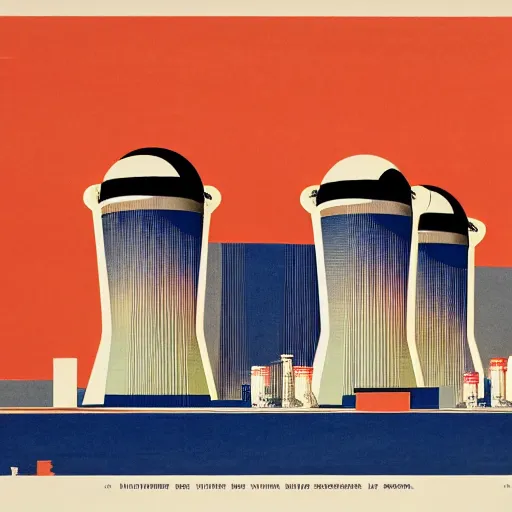 Prompt: nuclear sci fi power station in the style of Charley Harper and Eric Fraser, post-war, colourful