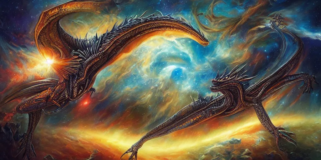 Prompt: alien dragon flying through outer space, epic nebula, dan seagrave art