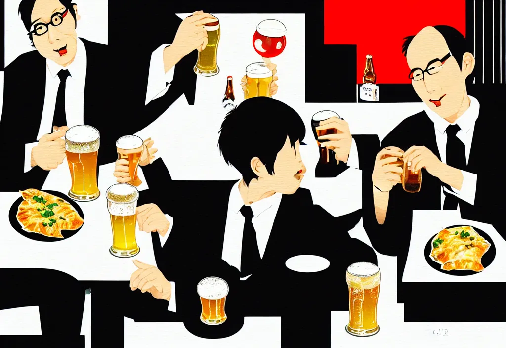 Image similar to two businessmen eating gyoza and drinking beer at an outdoor table in nighttime izakaya in shinbashi tokyo, japan, a collage painting, in the style of wes anderson, lola dupre, david hockney, isolated on negative white space background dark monochrome fluorescent neon spraypaint accents volumetric octane render