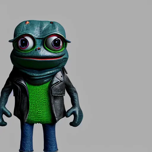 Image similar to perfectly accurate miniature figure of pepe the frog wearing jeans and a black leather jacket, soft textures, skin texture, clothing, 3d sculpture, textured, fine detail, lifelike, photo, high resolution, octane render, post processing, after effects, trending on artstation