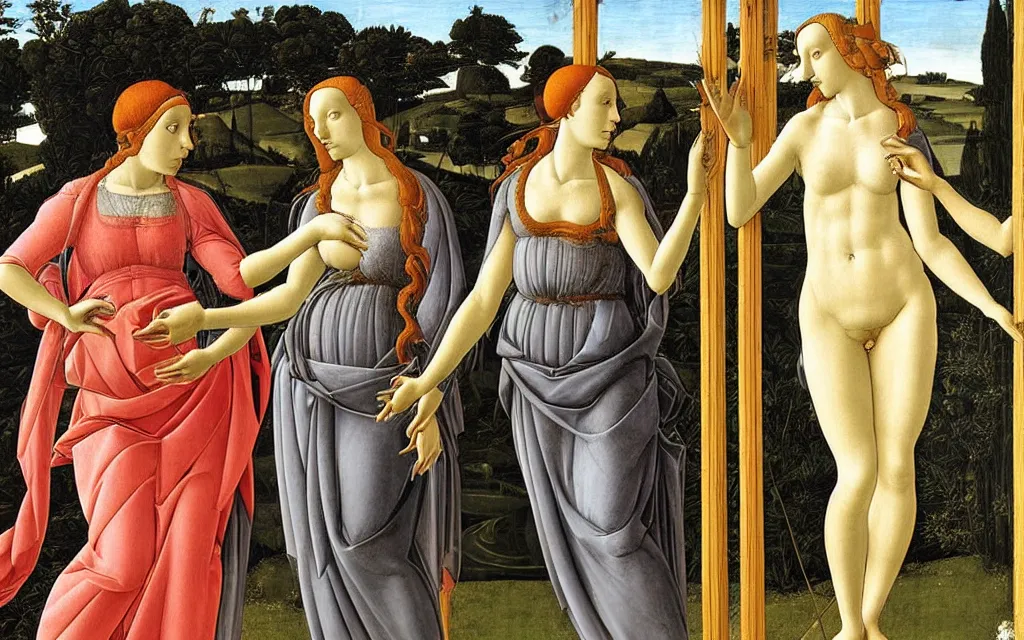 Image similar to sandro botticelli. very soft, delicate light. venus standing at a bus stop arguing with herself.