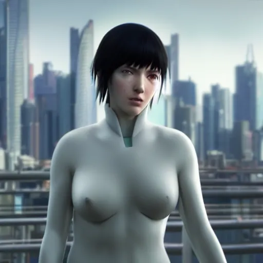 Prompt: « highly detailed, pretty ghost in the shell, photorealistic, enreal engine 5 »