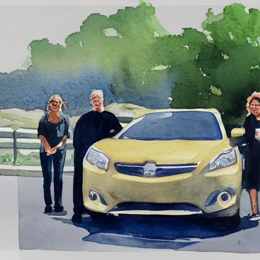 Image similar to a watercolor painting of some people next to a car