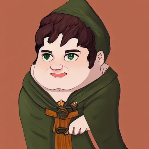 Prompt: portrait, 25 years old :: overweight fantasy mage :: green eyes, short black hair :: wearing a brown robe :: high detail, digital art, RPG, concept art, illustration