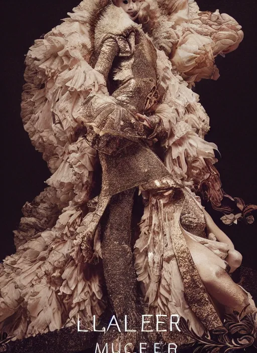 Prompt: alexander mcqueen advertisement photography by mucha, extremely coherent, sharp focus, elegant, render, octane, detailed, award winning photography, masterpiece, rim lit