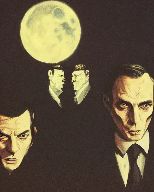 Image similar to two handsome but sinister men wearing oxford shirts in dead space, with haunted eyes, 1 9 7 0 s, seventies, wallpaper, a little blood, moonlight showing injuries, delicate embellishments, painterly, offset printing technique, by brom, robert henri, walter popp