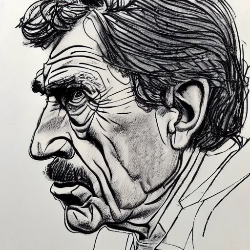 Prompt: a realistic yet scraggly portrait sketch of the side profile of a stern and sophisticated sam elliott, trending on artstation, intricate details, in the style of frank auerbach, in the style of sergio aragones, in the style of martin ansin, in the style of david aja, in the style of mattias adolfsson
