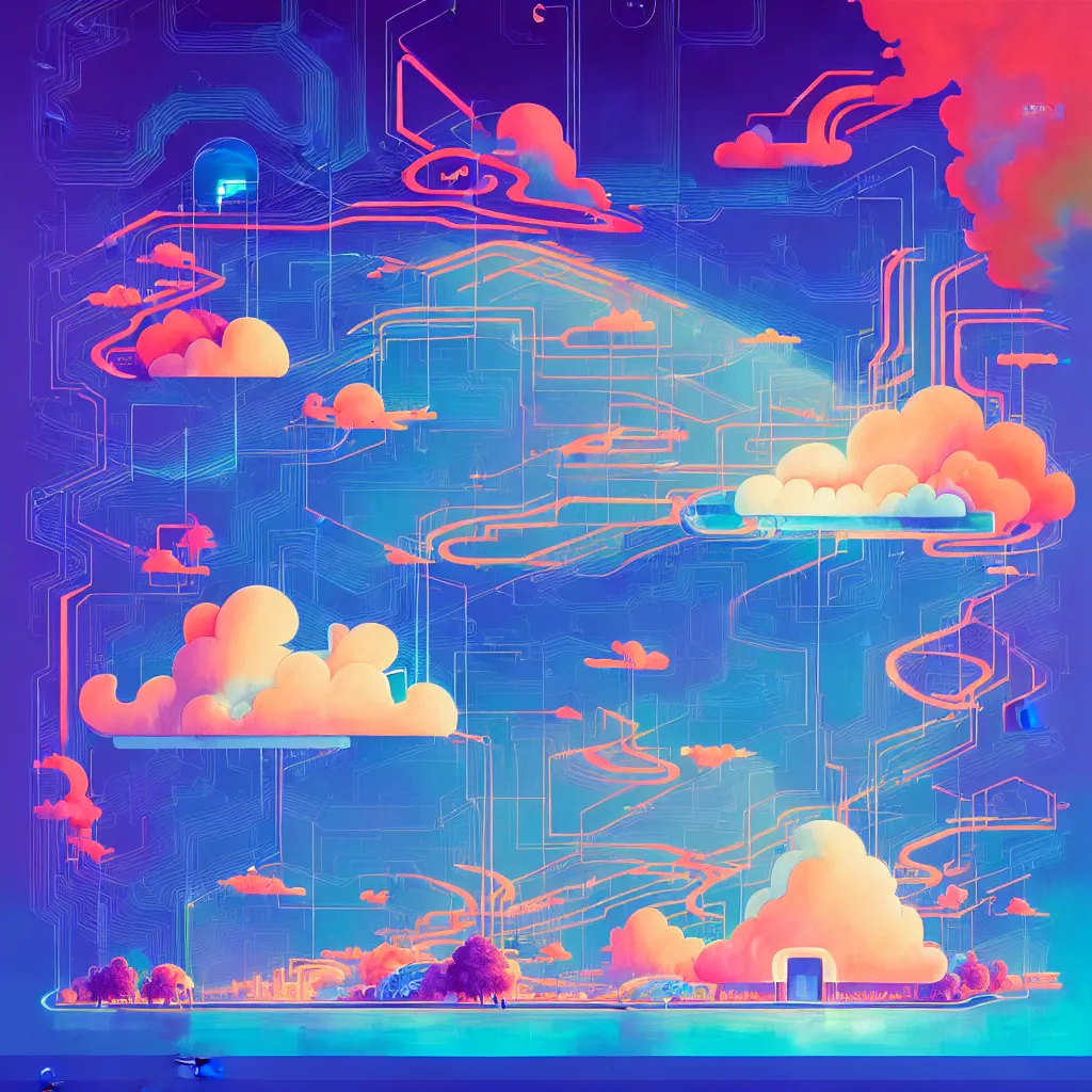 Image similar to illustration of a data-center architecture schema, connector, firewall, cloud, security, datastream or river, painting by Jules Julien, Leslie David and Lisa Frank and Peter Mohrbacher and Alena Aenami and Dave LaChapelle muted colors with minimalism