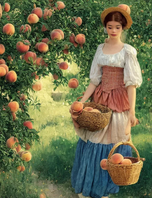 Image similar to peasant girl with basket in her hand picking up peach from a peach tree, background of peach tree, lolita style, Cottage core, Cinematic focus, Polaroid photo, vintage, neutral colors, soft lights, foggy, by Steve Hanks, by Serov Valentin, by Andrei Tarkovsky, by Terrence Malick, 8k render, detailed, oil on canvas