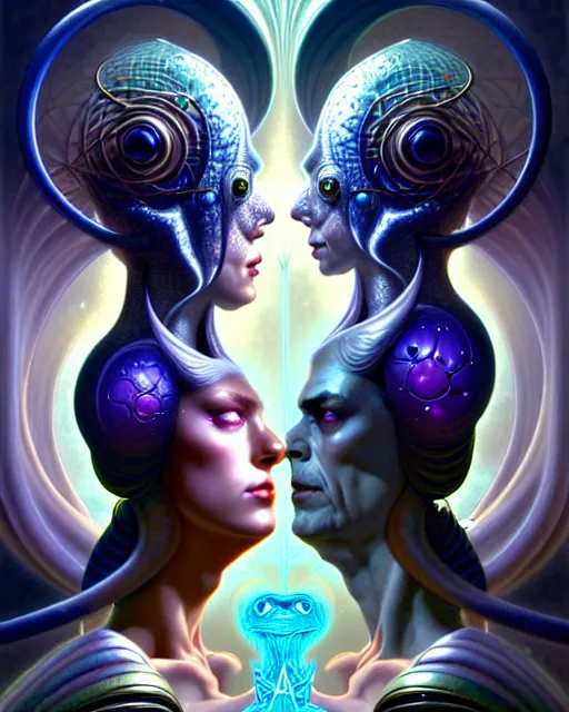 Image similar to a portrait of gemini love and hate fantasy character portrait made of fractals facing each other, ultra realistic, wide angle, intricate details, the fifth element artifacts, highly detailed by peter mohrbacher, hajime sorayama, wayne barlowe, boris vallejo, aaron horkey, gaston bussiere, craig mullins