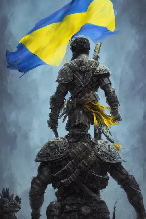 Image similar to a distant shot from behind of a Ukrainian super soldier with blue and yellow flag behind him standing alone on a huge pile of skulls as a winner, masculine muscular figure, D&D, fantasy, intricate, elegant, highly detailed, extremely detailed, digital painting, artstation, concept art, matte, sharp focus, symmetrical, hyperrealistic, illustration, art by Artgerm and Greg Rutkowski and Alphonse Mucha