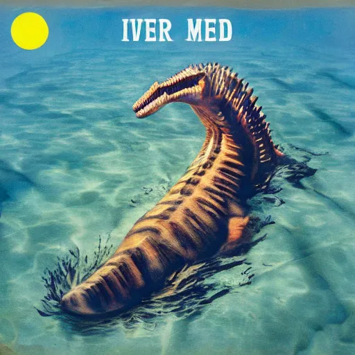 Image similar to Nirvana Nevermind album cover with a spinosaurus