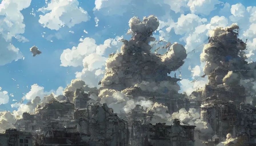 Image similar to a apocalyptic city ruin, fluffy white clouds in the blue sky on a beautiful windy day, trending on pixiv fanbox, painted by takashi takeuchi greg rutkowski makoto shinkai takashi takeuchi studio ghibli